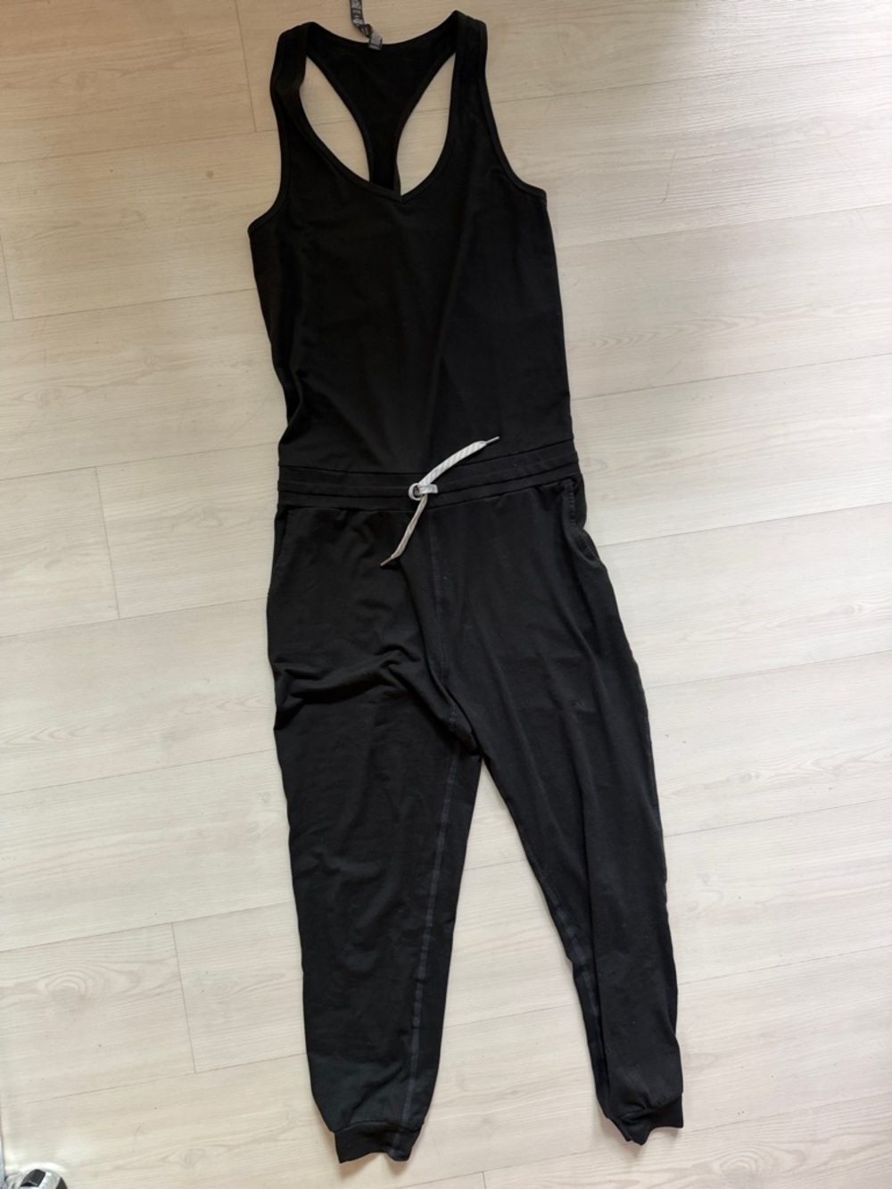 Vuori Black Racerback Drawstring Jumpsuit with Cuffed Ankles